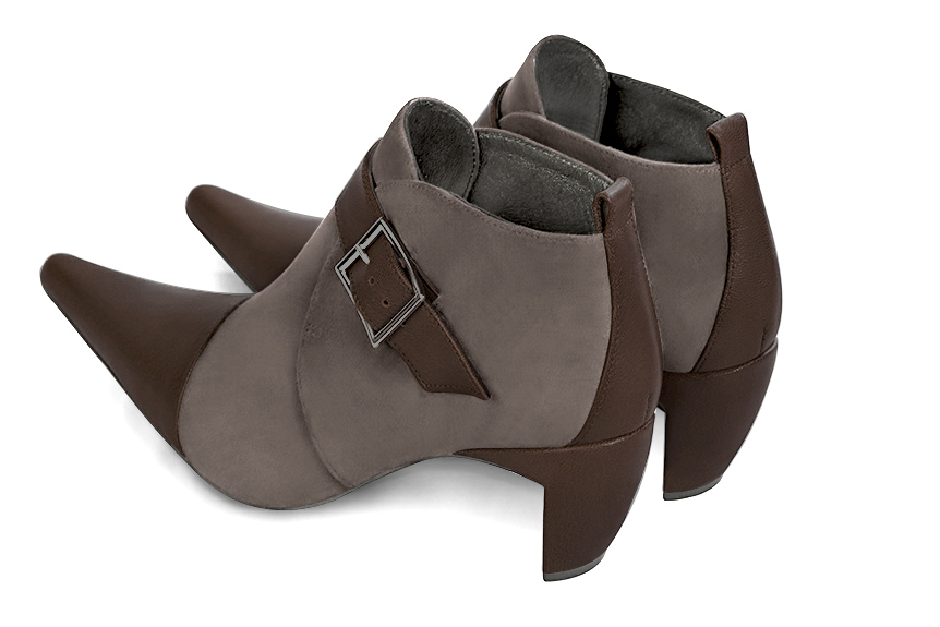 Women's dark brown and taupe brown elegant ankle boots, with buckles at the front. Pointed toe. Medium comma heels - Rear view